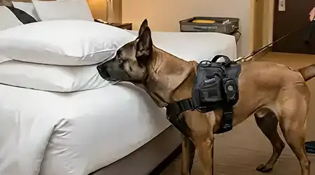 Intervention punaises de lit, chien reniflant un matelas infestés